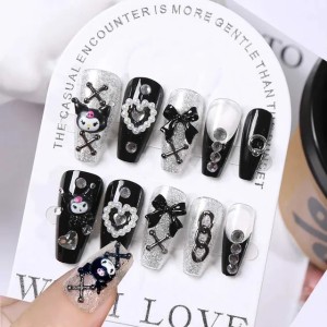 24Pcs 3D Kuromi Press-On Nails Y2K Cartoon Handmade Fake Nails Black Gel Nails Wearable Nails Cinnamoroll Melody Anime False Nails W250722 (Td215dfd0002)