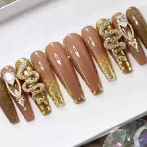 24Pcs Long Coffin False Nails with Glue Wearable Brown Fake Nails with Rhinestones Ballet Press on Nails Full Cover Nail TipsXJ250110 (3_Color)