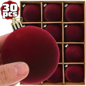 Large Solid Wine Red Flocked Balls Velvet Christmas Ball Ornaments Navidad Year Party Decor for Xmas Tree Hanging Pendents 251010
