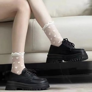 Women Sexy Ruffled Love Heart Pattern Thin Long Socks JK Uniform Lolita Sweet Glass Fiber Transparent Ins Style Black Lace Socks