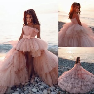 Blush Pink High Low wer Girl For Beach Wedding Kids Strapless Party Girls Pageant Dresses Princess Birthday Photoshoot