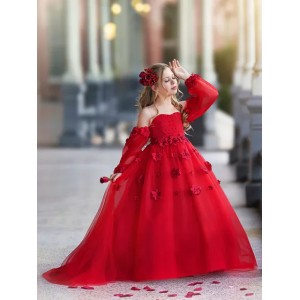Princess Red Weddings Flower Girl Dresses Sheer Jewel Ball Gown Kids Birthday Party Gowns Off The Shoulder Formal Kid Dress
