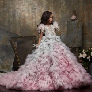 Buyers' Picksombre feather ball gown flower girl dresses for wedding beaded bateau neck appliqued toddler pageant gowns tulle tiered kids prom dress