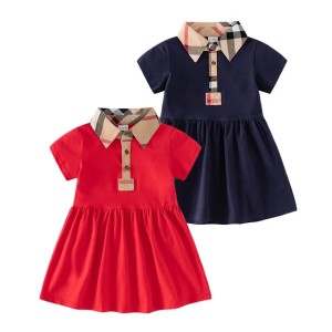 Summer Girls Princess Dresses Baby Girl Short Sleeve Dress Children Turn-Down Collar Plaid Dress 3 Colors
