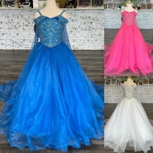 Hot-Pink Girl Pageant Dress with Cape Off-Shoulder Crystal White Blue Little Kid Birthday Cocktail Party Gown Teen Preteen Miss On-Stage Appearance Celebration Long