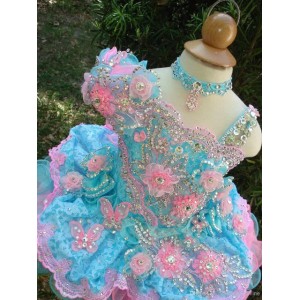 40%Cute Girl's Cupcake Pageant Dresses Ball Gown Lace Flower Girl Dresses Hand Made Flowers Beads Crystals Tiers Toddler Dress