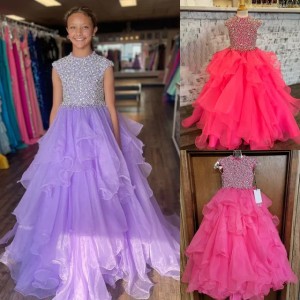 Buyers' PicksHigh Collar Girl Pageant Dress 2026 Cap Sleeves Ballgown Crystals Ruffled Organza Kids Birthday Formal Party Gown Toddler Teens Preteen Little Miss Handkerchief