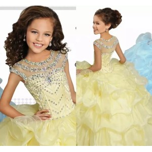 Light Yellow Princess Ball Gown Girls Pageant Gowns Cap Sleeves Crystals Beaded Ruffles Performance Dresses Kids Formal Party Gowns