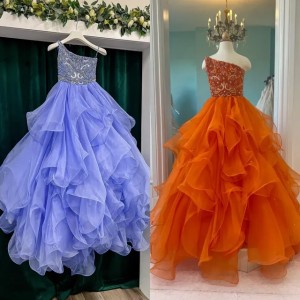 Periwinkle Girl Pageant Dress 2025 Crystals Ruffles Organza Ballgown Little Kids Birthday One Shoulder Formal Party Wear Gown Infant Toddler Teens Tiny Miss Orange