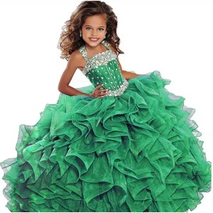 2018 Emerald Green Girls Pageant Dress Ball Gown Long Turquoise Organza Crystals Ruffled Flower Girls Birthday Party Dresses For Junior