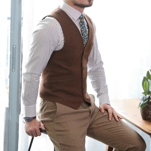Dark Brown Groom Vests Wool Groomsmen Attire Herringbone Tweed Vest Slim Fit Men's Suit Prom Country Wedding Waistcoat Dress Plus Size B666 (As pictures)