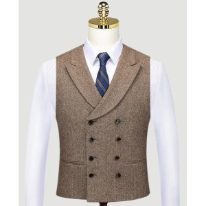 Buyers' PicksDouble Breasted Groom Vests Wedding Brown Wool Herringbone Tweed Groomsmen Vests Men's Suit Party Prom Farm Country Waistcoat Navy Blue (Customize)