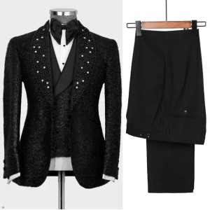 Exquisite Men Suits Pearls Crystal 3 Piece Sets Coat Pants Vest Shawl Lapel Wedding Tuxedos One Button Business Modern Wedding Suit For Groom Customized