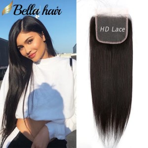 4x4 HD Lace Closure Only Straight Ultra Thin Undetectable Lace Pre Plucked with Baby Hair Natural Black Color Brazilian Virgin Human Hair Transparent Lace BELLA HAIR (Transparent Lace)