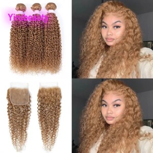 Brazilian Human Hair 3 Bundles With 4*4 Lace Closure 27# Color Kinky Curly Yirubeauty Virgin Hair Wefts With Closure Free Part (27# color)