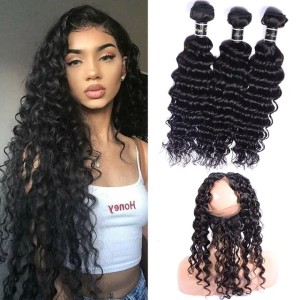 Brazilian Virgin Hair Extensions Deep Wave 3 Bundles With 360 Lace Frontal With Baby Hair Pre Plucked Human Hair Bundles (Natural Color)
