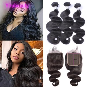 Peruvian 100% Human Hair Body Wave 3 Bundles With 6x6 Lace Closure Virgin Hair Extensions With Closures With Baby Hair 10-30inch (Natural Color)