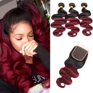 Malaysian Virgin Human Hair Body Wave Yirubeauty 1B/99J Bundles With 4X4 Lace Closure With Baby Hair Extensions 12-24