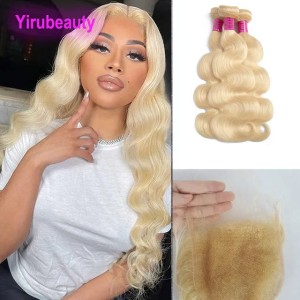 Peruvian 100% Human Hair 3 Bundles With HD 4*4 Lace Closure 613# Blonde Color Free Part Straight Body Wave 4 PCS/lot (Blonde)