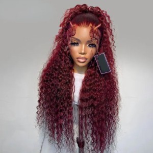 Brazilian 99J Burgundy Lace Front Wig 40 Inch Deep Wave Frontal Wig 13x4 Garnet Red Curly Lace Front Simualtion Human Hair Wigs Preplucked (Black)
