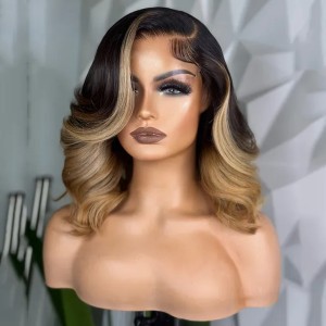 Ombre Blonde Short Wavy Human Hair Wig For Women Brazilian Lace Front bob Wig Glueless Highlight Synthetic Lace Frontal Wig Preplucked (customize)