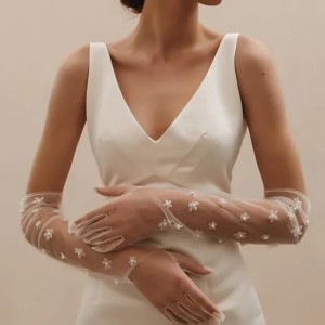 Elegant Bride Gloves Pearls 3D Flower Wedding Gloves Elbow Length Finger Bachelorette Party Accessories for Girlfrend vm14