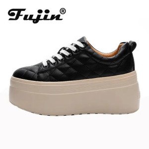 Fujin 8cm Genuine Leather Sewing Synthetic Womens Platform Womens Vulcanized Shoes Hidden Shoes Womens Short and Fat Sports Shoes Fashion 241122 (Size Size Guide)