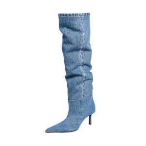 European and American Style Square Toe Pleated Pile Boots 2024 Womens Autumn Winter Slim Denim High Heels 241122 (Size Size Guide)