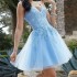 Light Blue Spaghetti Straps Lace Beads Girls Short Homecoming Dresses A-Line Birthday Graduacion Prom Party Gown (Size Size Guide)
