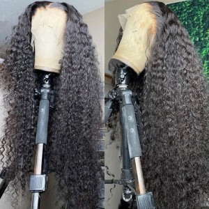 180Ddensity Curly Simulation Human Hair Wigs Brazilian Water Wave Lace Front Wigs For Black Women Pre Plucked Black Color Deep Wave Synthetic Frontal Wig (Customize wig)