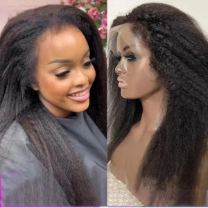 Kinky Straight Human Hair Wigs 4C Kinky Curly Edges 360 HD Lace Frontal Wig Glueless 30 Inch Yaki Straight Lace Front Wig (Pink)