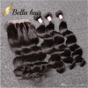 Bella Hair Brazilian 3 Bundles With Closure 8-34inch Double Weft Virgin Human Hair Extensions Deals Remy Human Hair Weaves Body Wave Wavy Julienchina SALE Full Head (Natural Color)