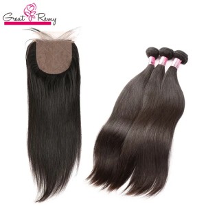 Silk Base Closure with 3 Virgin Hair Bundles Silky Straight 100% Remy Human Hair Fake Scalp Lace Closure Hidden Knots Free Part With Baby Hair Slay Greatremy Sale Tiktok (Natural Color)