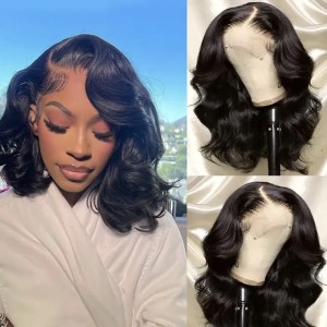 Bob Wig Human Hair 200 Density 13x6 Body Wave Real HD Swiss Lace Front Wigs Glueless Lace Frontal Short Bobby Wigs for Black Women Pre Plucked with Baby Hair (Natural Color)