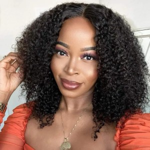 Black Woman Afro Curly U Human Hair Brazilian Virgin V Part 150% Density 14 Inch New Arrivals Lace Front Wig HD Seamless (As the picture shows)
