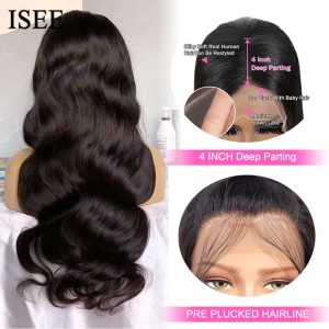 ISEE HAIR Peruvian Front Wig 4X4 Body Wave Closure For Women Human Hair 13X4 Lace Frontal Wigs (Black)