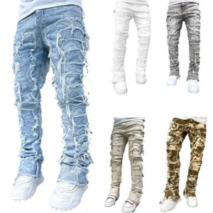 E15E Mens Stacked Jeans Fit Ripped Destroyed Straight Denims Pants Vintage Hip Hop Trouser Streetwear 240415 (Size Size Guide)
