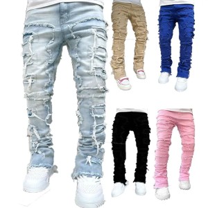 CNLONGBIDA Men's Jeans Stacked Pants Hirigin Regular Fit Patch Distressed Destroyed Straight Denim Pants Streetwear Clothes Casual Jean (Size Size Guide)
