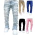 CNLONGBIDA Men's Jeans Stacked Pants Hirigin Regular Fit Patch Distressed Destroyed Straight Denim Pants Streetwear Clothes Casual Jean (Size Size Guide)