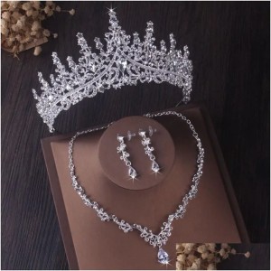 Buyers' PicksJewelry Luxury Silver Color Crystal Water Drop Bridal Set Rhinestone Crown Necklace Earring Wedding Delivery Party Events Accessories Ottky