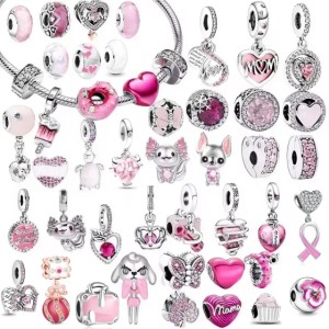 925 Sterling Silver New Genuine Pink Original Charm Love Potion Murano Glass Heart-shaped Pendant Beads Suitable for Bracelets, Jewelry Free Shipping