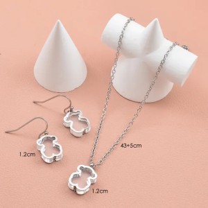 New Arrival Fashion Women Men Silver Rose Gold Stainless Steel Bear Double Layer Hollow Cartoon Animal Span Pendant Necklace Earrings Sets Jewelry (None)