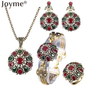 Vintage Rhinestone Bridal Necklace Sets Earrings For Women Jewelry Set Bohemian Rings Wedding Turkish Nigerian Red Jewellery 201222