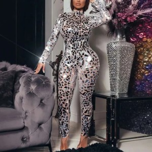 Glitter Sier Laser Mirror Long Sleeve Jumpsuit Women Bar Stage Performance Holiday Party Turtleneck Sequin Costume