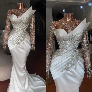 2023 White Satin Plus Size Mermaid Prom Dresses African Glitter Beading Top Long Sleeves Custom Made Aso Ebi Formal Occasion Gowns