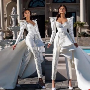 Modern Fashion Pant Suits Prom Dresses Side Tailing Sweetheart Cap Sleeves Evening Dress Custom Made Ruffles Plus Size Women Formal Party Gown vestido de novia (Size Size Guide)