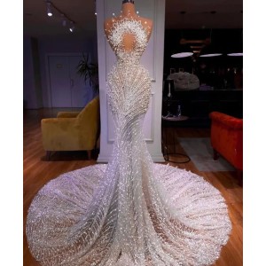 Buyers' PicksLuxury Mermaid Wedding Dresses Sleeveless Bateau 3D Lace Appliques Pearls Sequins Beaded Sexy Pearls Hollow Floor Length Plus Size Bridal Gowns abiti da sposa (Size Size Guide)