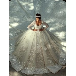 Luxury Ball Gown New Long Sleeves Wedding Dress V Neck Sequins Appliques Beads Bridal Gowns Vestina De Novia Size Customized vestidos de novia (Size Size Guide)