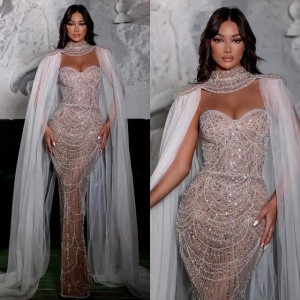 New Mermaid Evening Dress Tulle Cape Party Prom Gowns Sequins Pearls Appliques 3D-Lace Side Slit Prom Dress Plus Size Customized vestidos de novia (Size Size Guide)