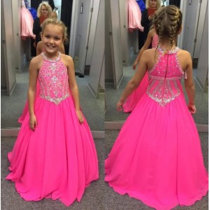 Fuchsia Halter Chiffon Girls Pageant Dresses Beaded Rhinestones Top A Line Floor Length Girl's Pageant Dresses BA7601